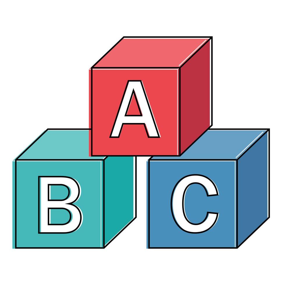 cubi dell'alfabeto in legno con lettere a, b, c, illustrazione isolata del vettore di colore