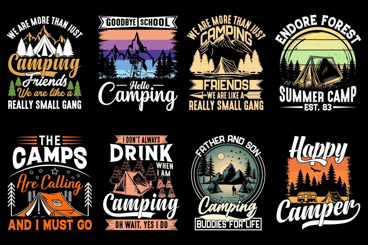 pacchetto di design t-shirt da campeggio, t-shirt vintage, outdoor, elemento grafico vettoriale, design tipografico camper, vettore