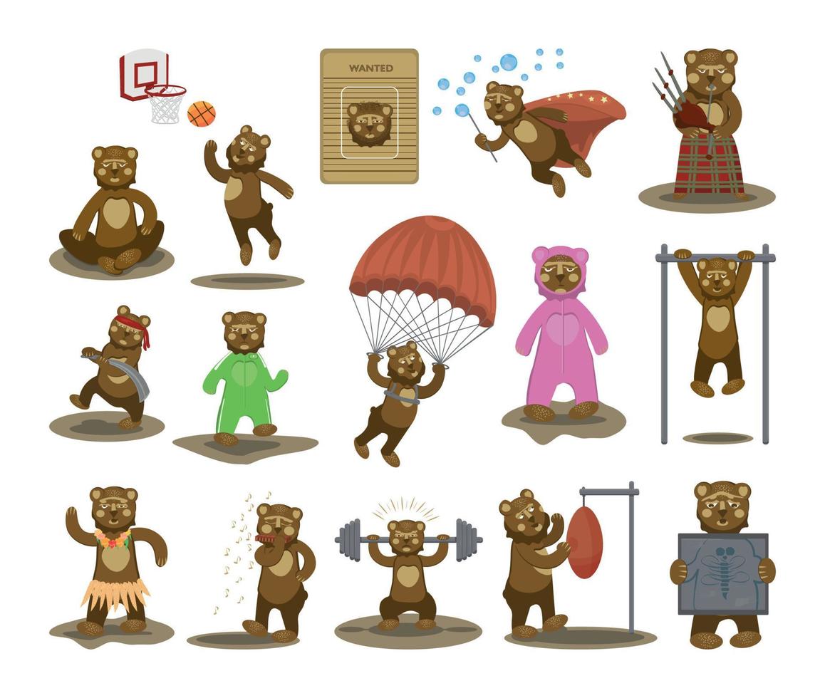serie di illustrazioni con carattere di orso vettore