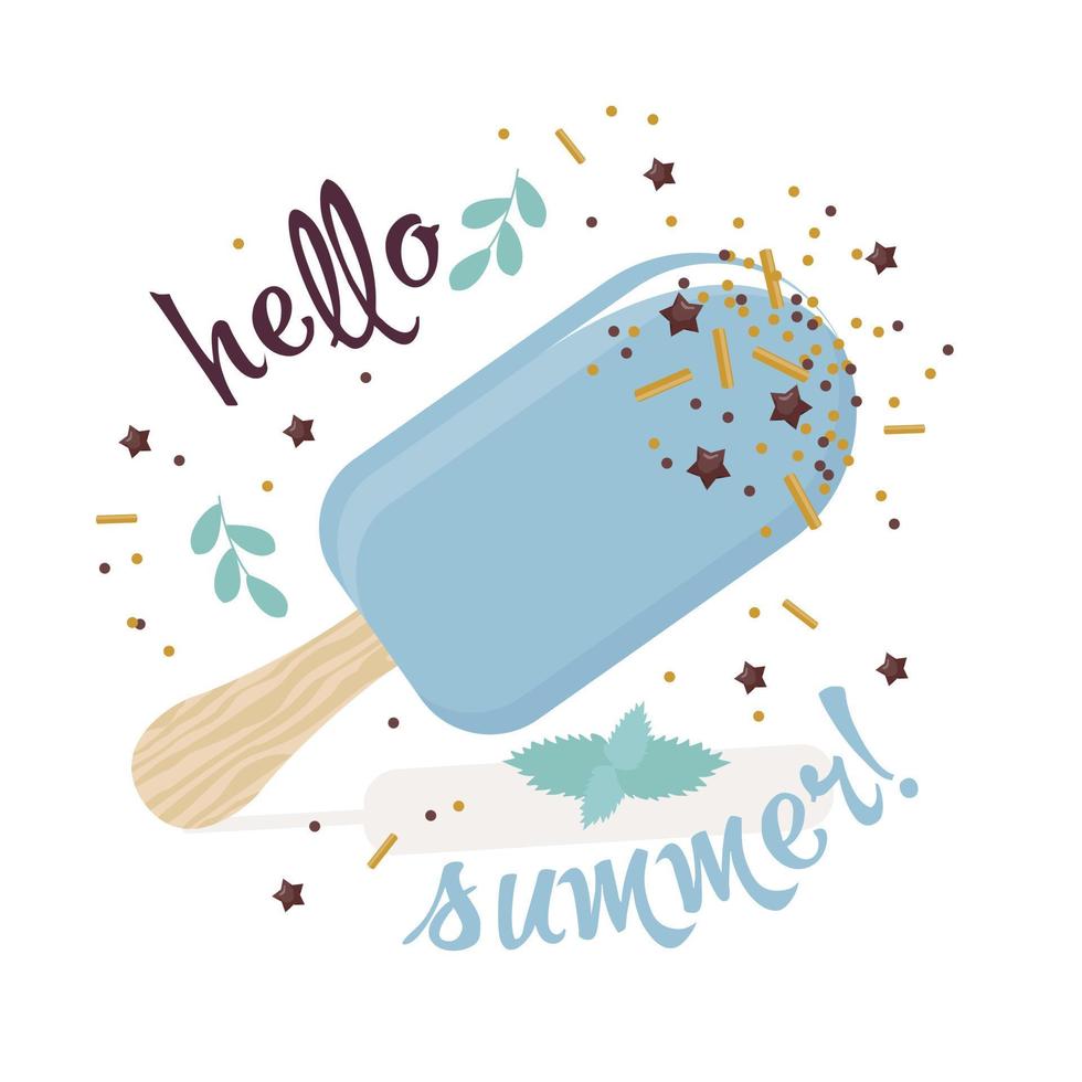 gelato blu con decorazione decorativa al cioccolato, foglie di menta su sfondo bianco e la scritta ciao estate. vettore