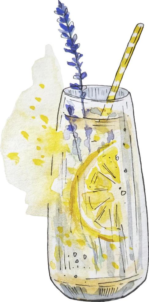 illustrazione disegnata a mano di clipart vettoriali ad acquerello bevanda alla limonata con lavanda e limone per menu o decorazione