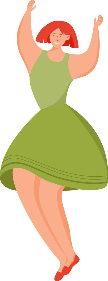 donna che balla in abito verde carattere vettoriale di colore semi piatto. vacanza. figura in posa. persona a corpo intero su bianco. attività semplice illustrazione in stile cartone animato per la progettazione grafica e l'animazione web