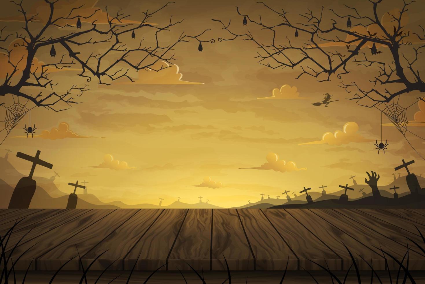 illustrazione vettoriale pavimento del tavolo in legno con ampia tomba di campo in luna piena uno sfondo notturno spaventoso per halloween
