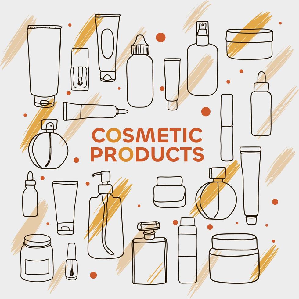 set di prodotti cosmetici per pelle e capelli. vasetti per cosmetici, tubi e flaconi, doodle vettore