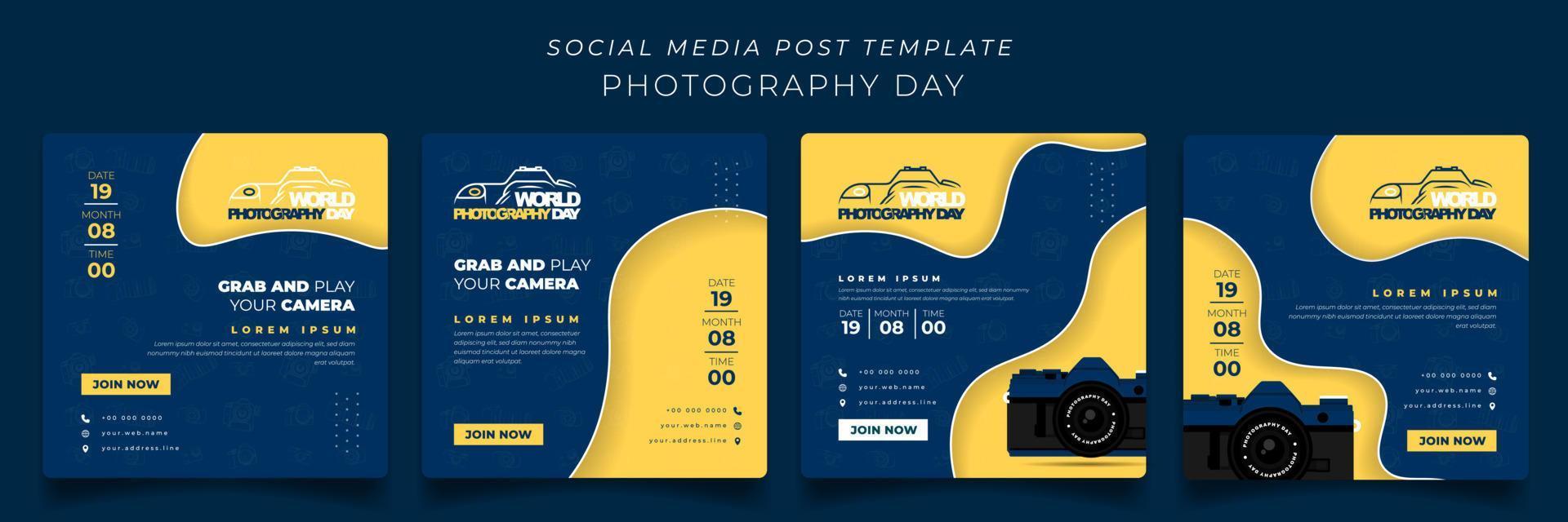 set di modelli di post sui social media in sfondo blu giallo ritagliato per il design della giornata mondiale della fotografia vettore