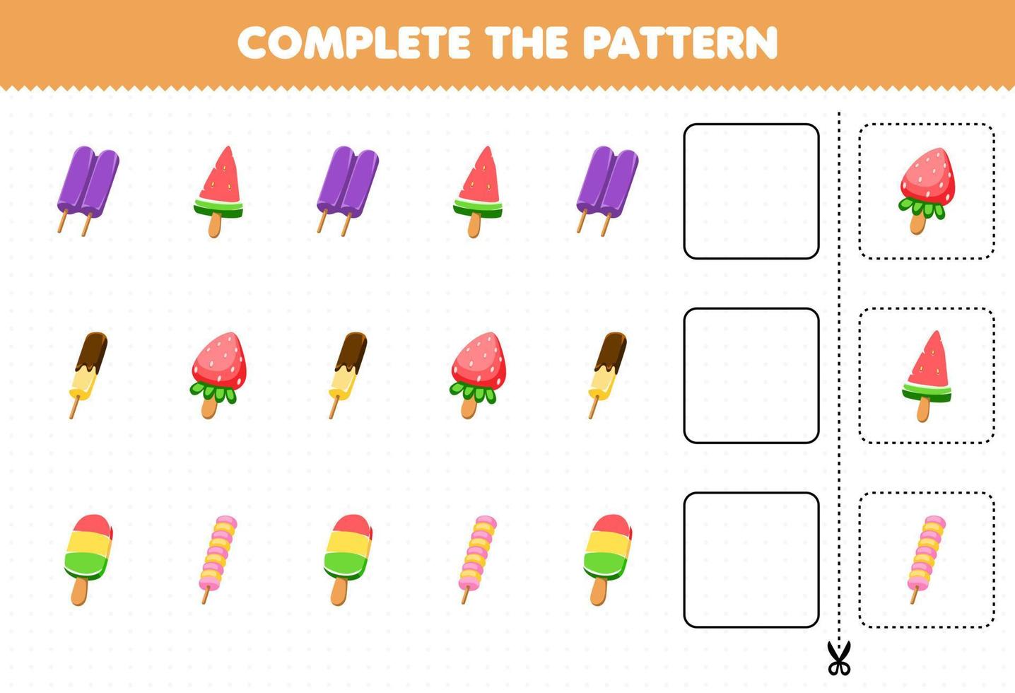 gioco educativo per bambini completare lo schema pensiero logico trovare la regolarità e continuare il compito di fila con cibo e snack ghiaccioli ghiaccioli vettore