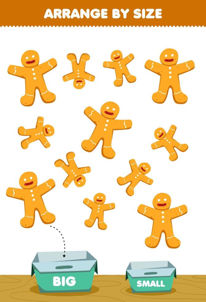 gioco educativo per bambini organizza in base alle dimensioni grandi o piccole mettilo nella scatola immagini di pan di zenzero snack cibo cartone animato vettore