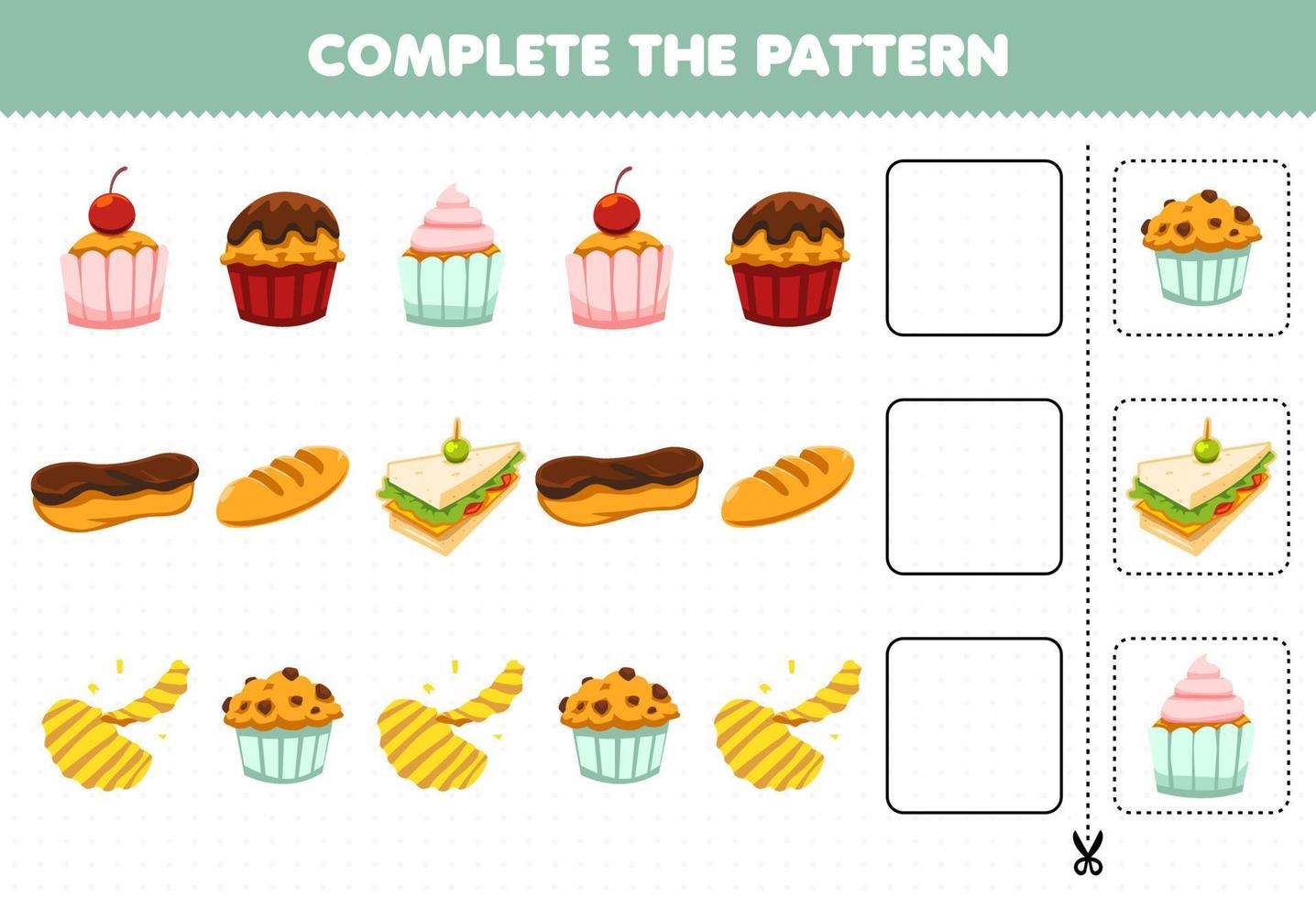 gioco educativo per bambini completare lo schema pensiero logico trovare la regolarità e continuare il compito di fila con cibo e snack cupcake pane sandwich chip muffin vettore