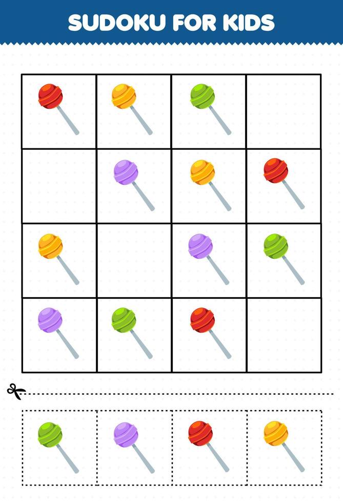 gioco educativo per bambini sudoku per bambini con immagini di caramelle snack cibo cartone animato vettore