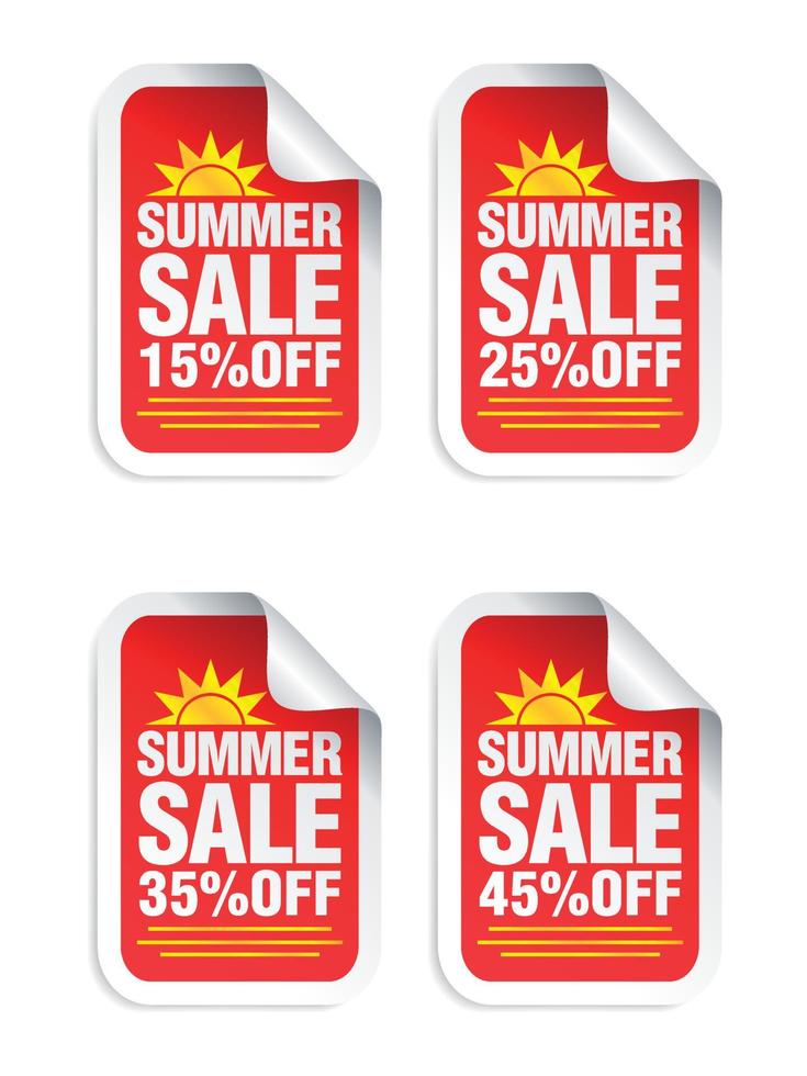 set di adesivi rossi per saldi estivi. vendita 15, 25, 35, 45 percento di sconto. adesivi con l'icona del sole giallo vettore