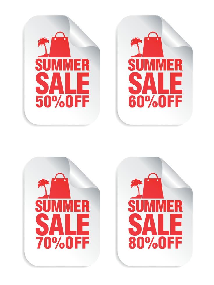 adesivi bianchi saldi estivi con pacchetto shopping e icona rossa palma. adesivi in vendita 50, 60, 70, 80 percento di sconto vettore