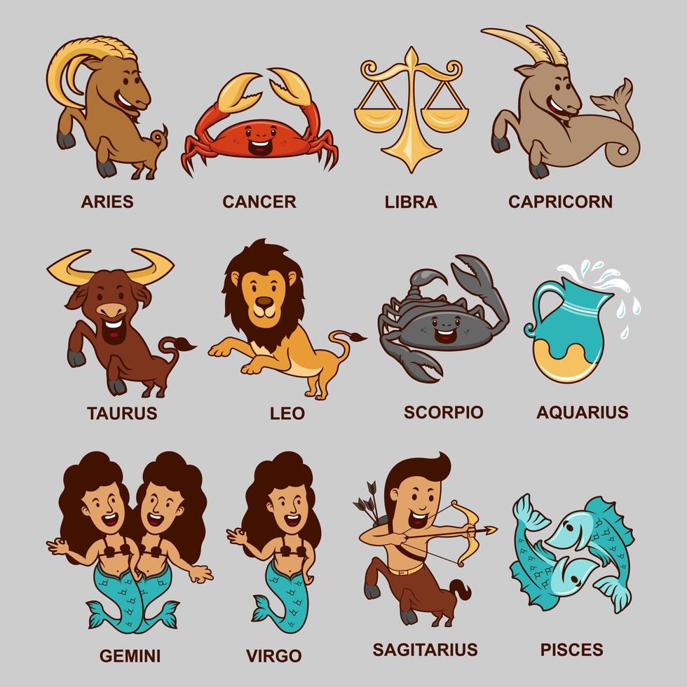 set di icone dei segni dello zodiaco dei cartoni animati, illustrazione vettoriale in stile cartone animato.