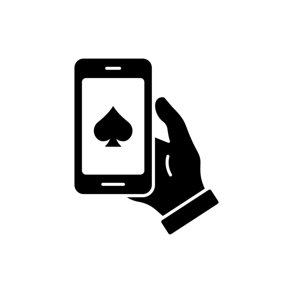 poker online club a portata di mano telefono cellulare nero silhouette icona. casinò online nel pittogramma del glifo del cellulare. successo fortunato jackpot gioco d'azzardo carta simbolo piatto. illustrazione vettoriale isolata.