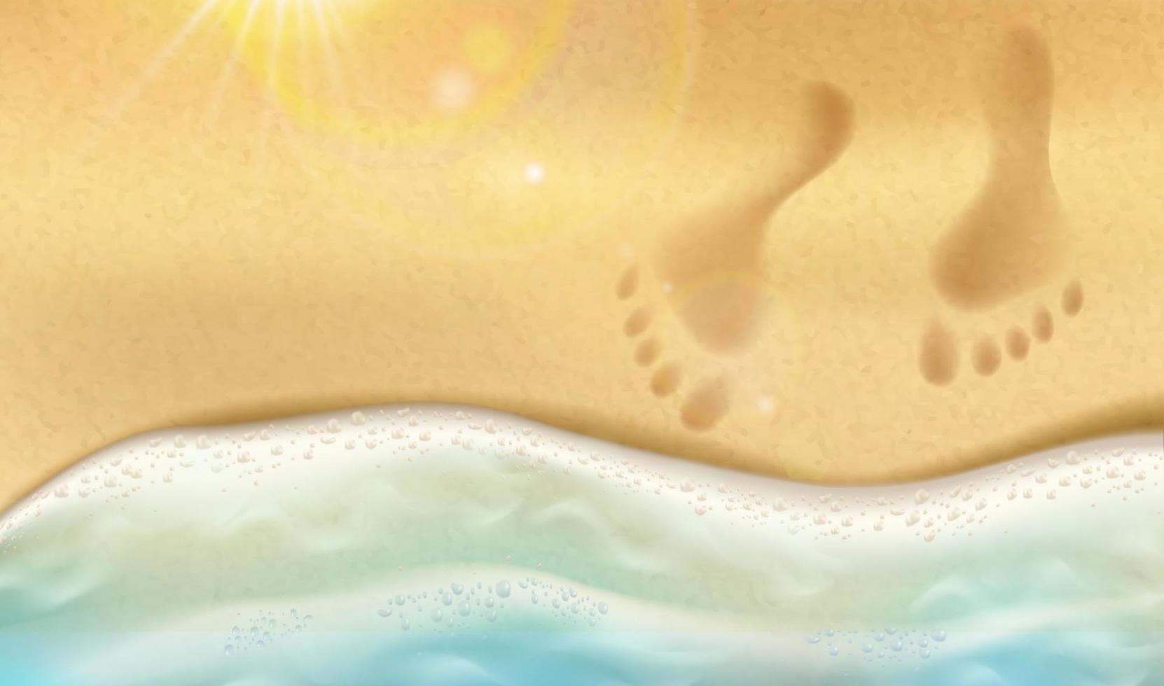 banner realistico di vettore di spiaggia di sabbia e onde dell'oceano con impronte.
