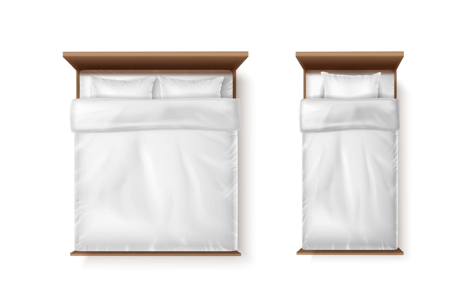 Set di icone vettoriali realistiche 3d. letto singolo e matrimoniale con lenzuola bianche, piumino e due cuscini.