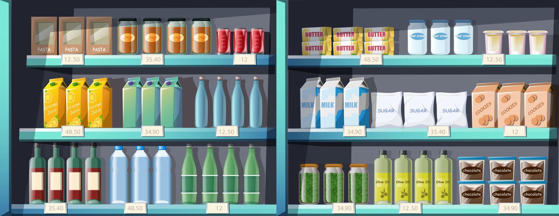 scaffali del supermercato in stile cartone animato senza soluzione di continuità con prodotti, cibo, bevande. vettore