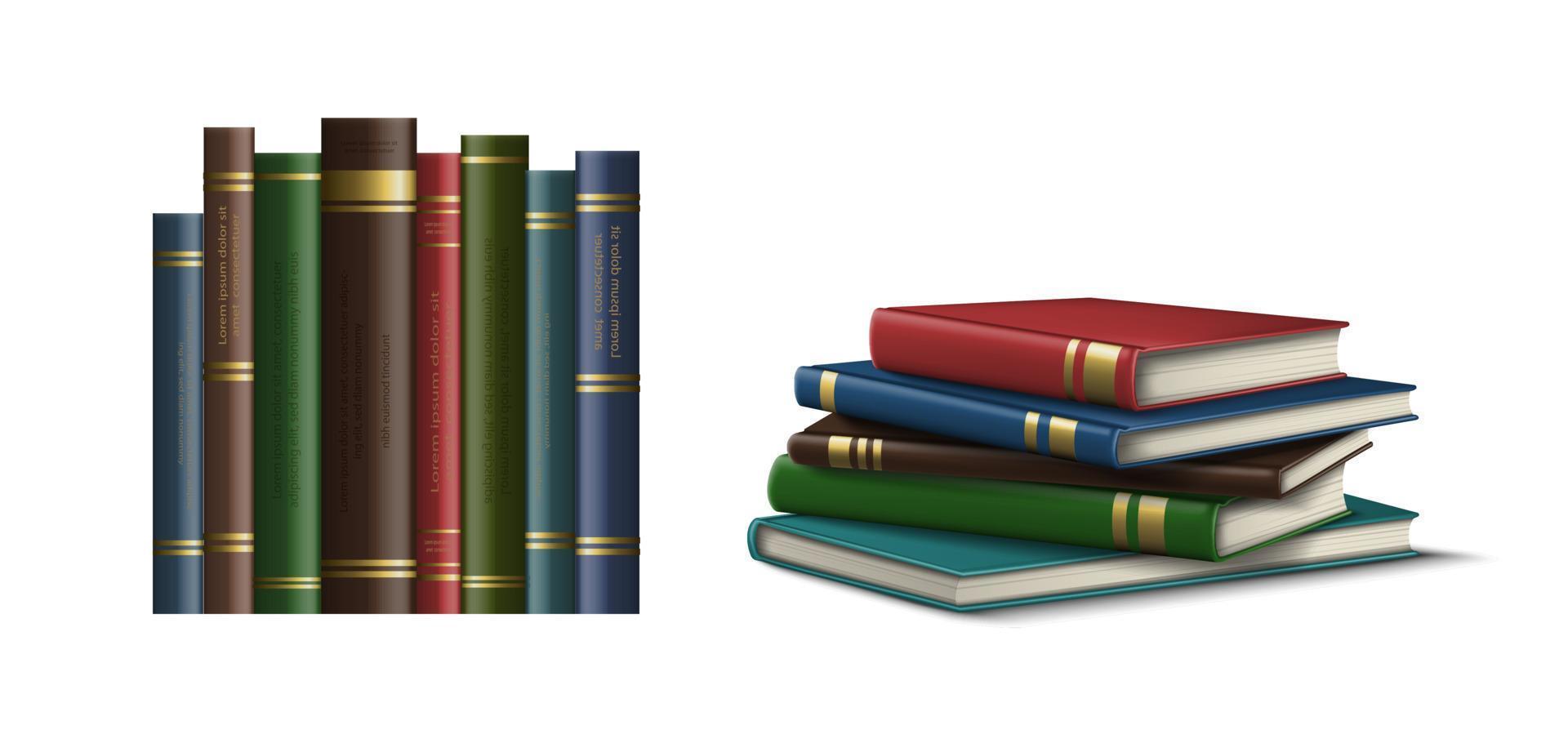 Set di icone vettoriali realistiche 3d. copertine di libri nella riga e pile di libri in superficie. isolato su sfondo bianco.