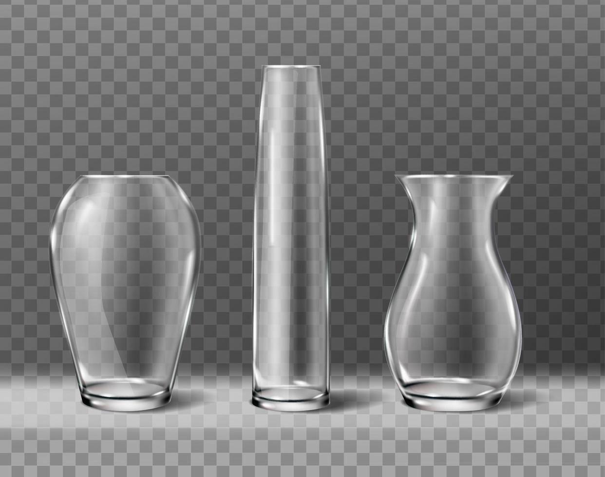 Collezione di icone realistiche 3d. isolato. set di diverse dimensioni e forme di vasi in vetro per fiori. vettore