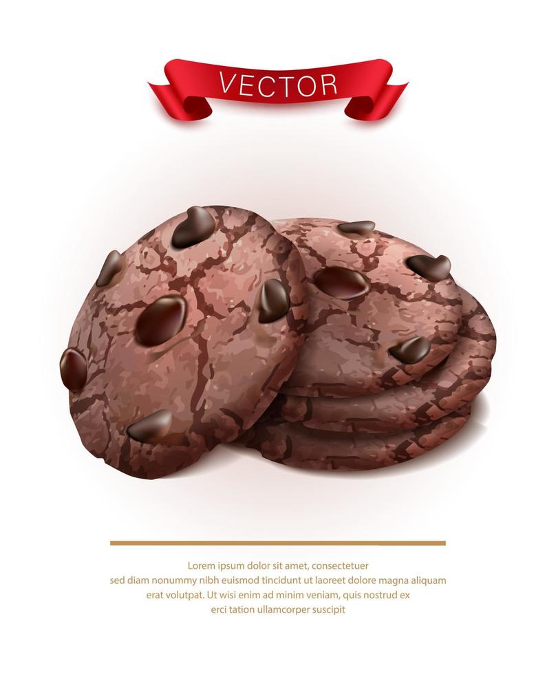 Icona vettore realistico 3d. biscotti al burro con gocce di cioccolato. isolato su sfondo bianco.