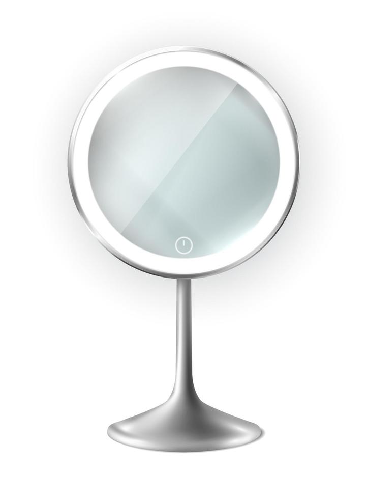 Icona vettore realistico 3d. specchio per il trucco di bellezza della tavola di moda con luce riflettente incandescente.