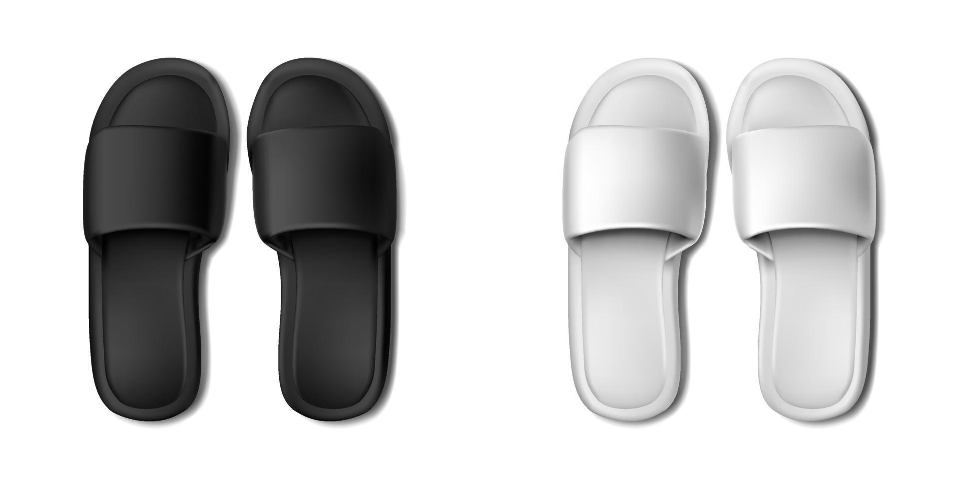 Icona vettore realistico 3d. pantofole bianche su sfondo bianco e trasparente. vista dall'alto. modello di banner per salone, spa e marchio.