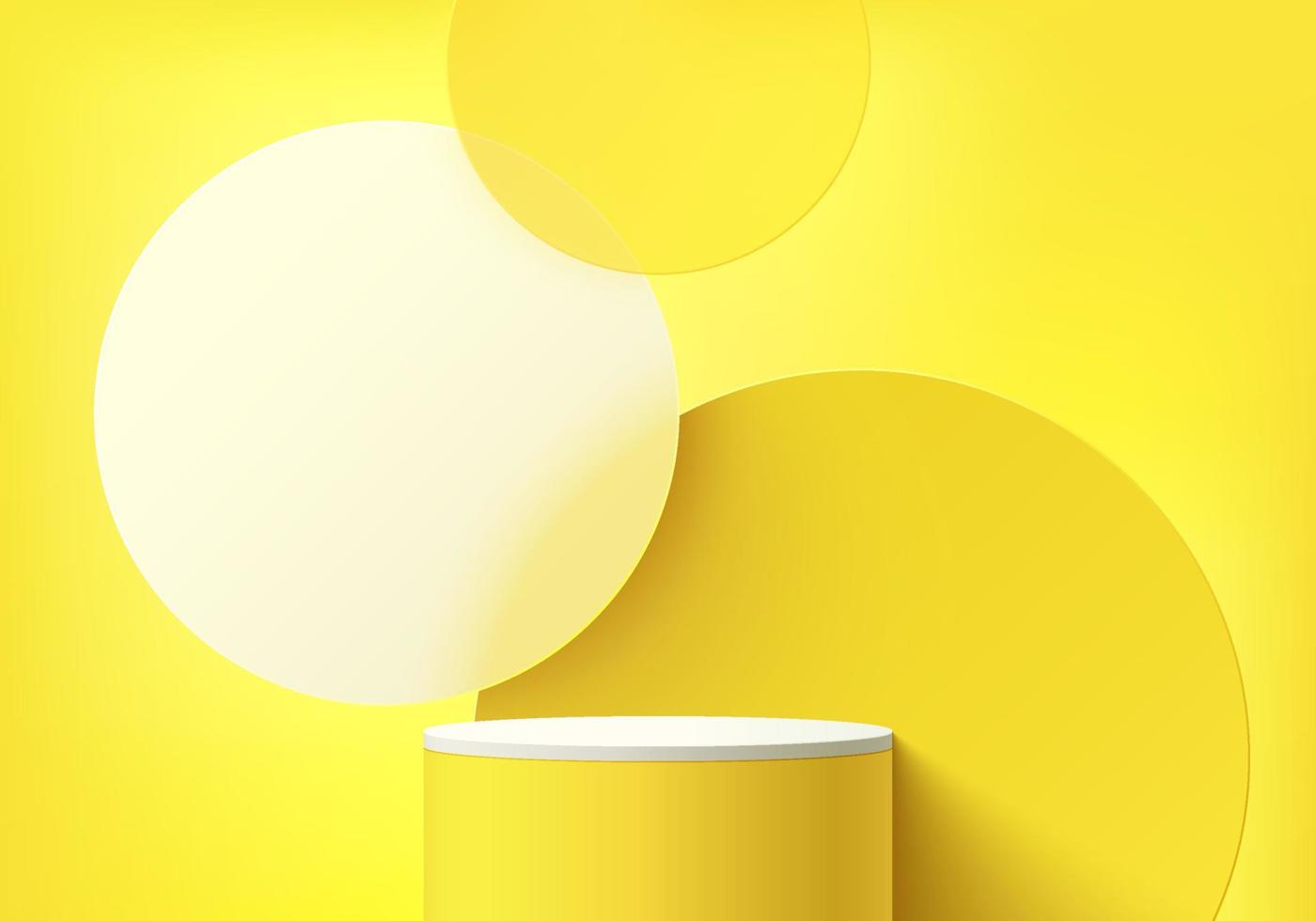 sala 3d astratta, podio realistico giallo, bianco con cilindro con sfondo a forma di cerchi sovrapposti. scena minimale pastello per la visualizzazione del prodotto mockup. forme geometriche vettoriali. vetrina rotonda. vettore