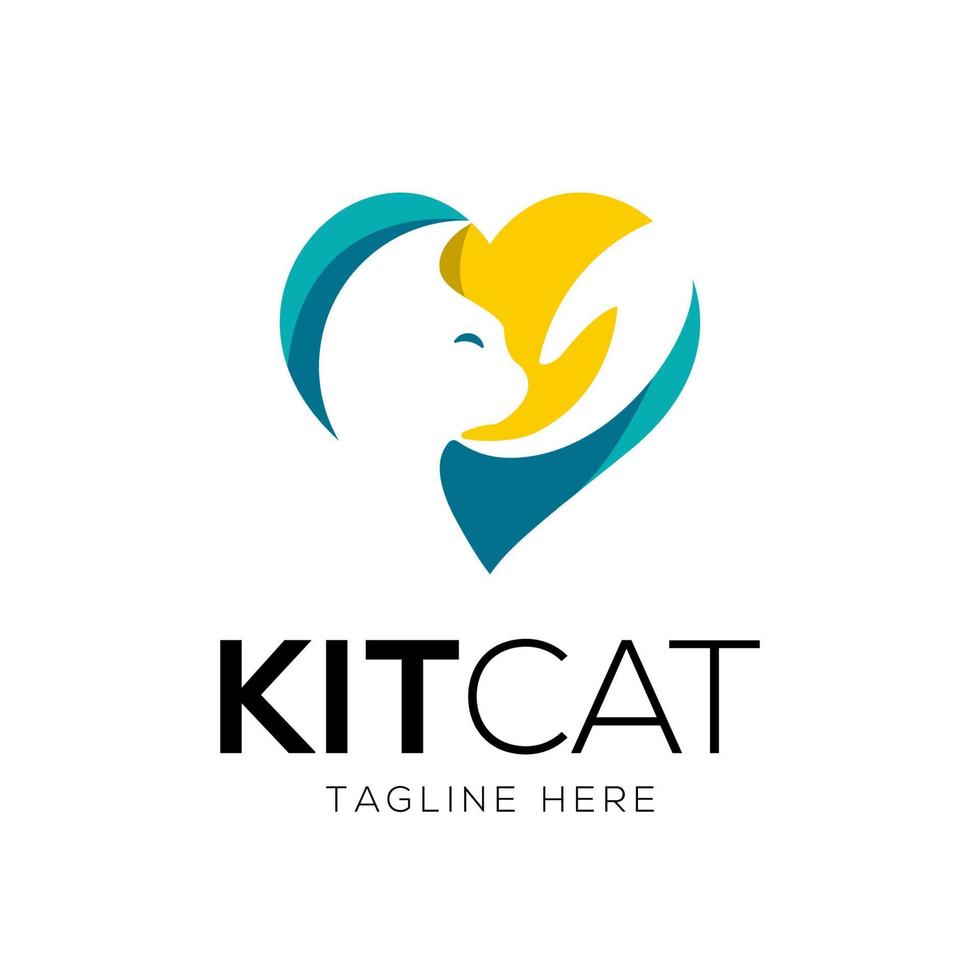 modello di progettazione del logo per la cura e l'amore del gatto con stile spazio negativo vettore