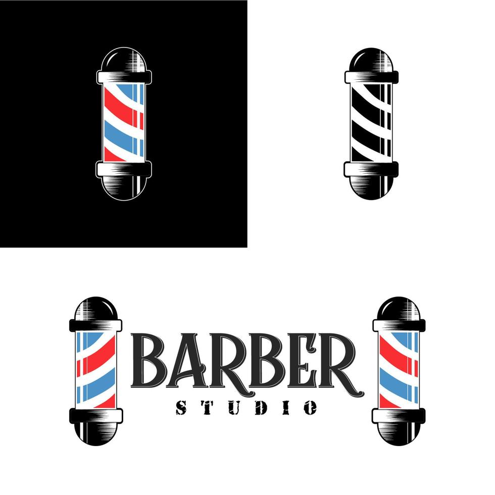 concetto di design del logo, poster o banner del barbiere con palo da barbiere. illustrazione vettoriale