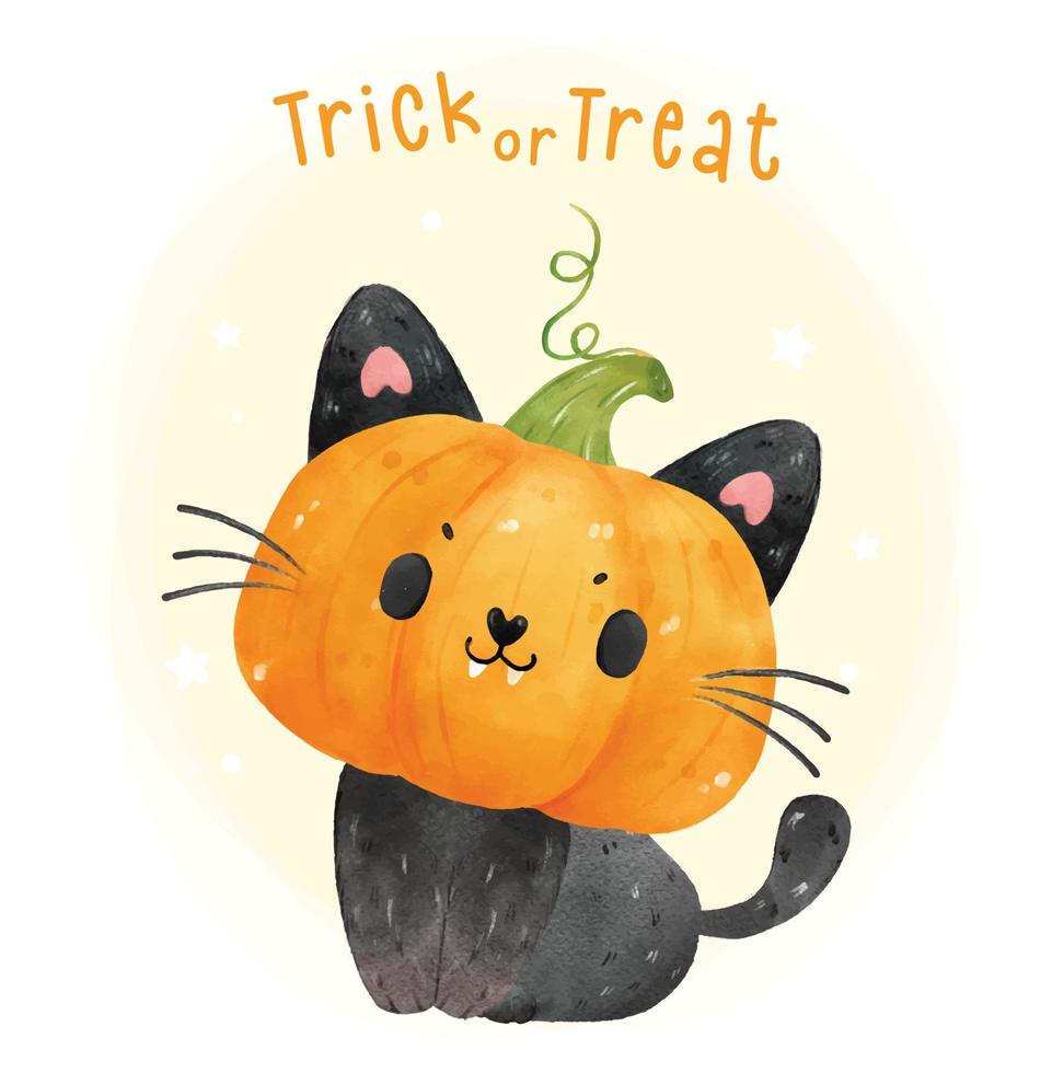 carino testa di zucca faccia balck gatto halloween acquerello disegnato a mano illustrazione vettore