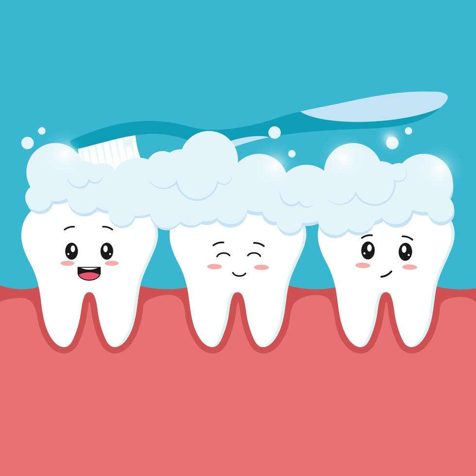 felice cartone animato sorridente denti sani con dentifricio spazzolato. igiene orale. il concetto di odontoiatria e salute su denti e gengive. vettore
