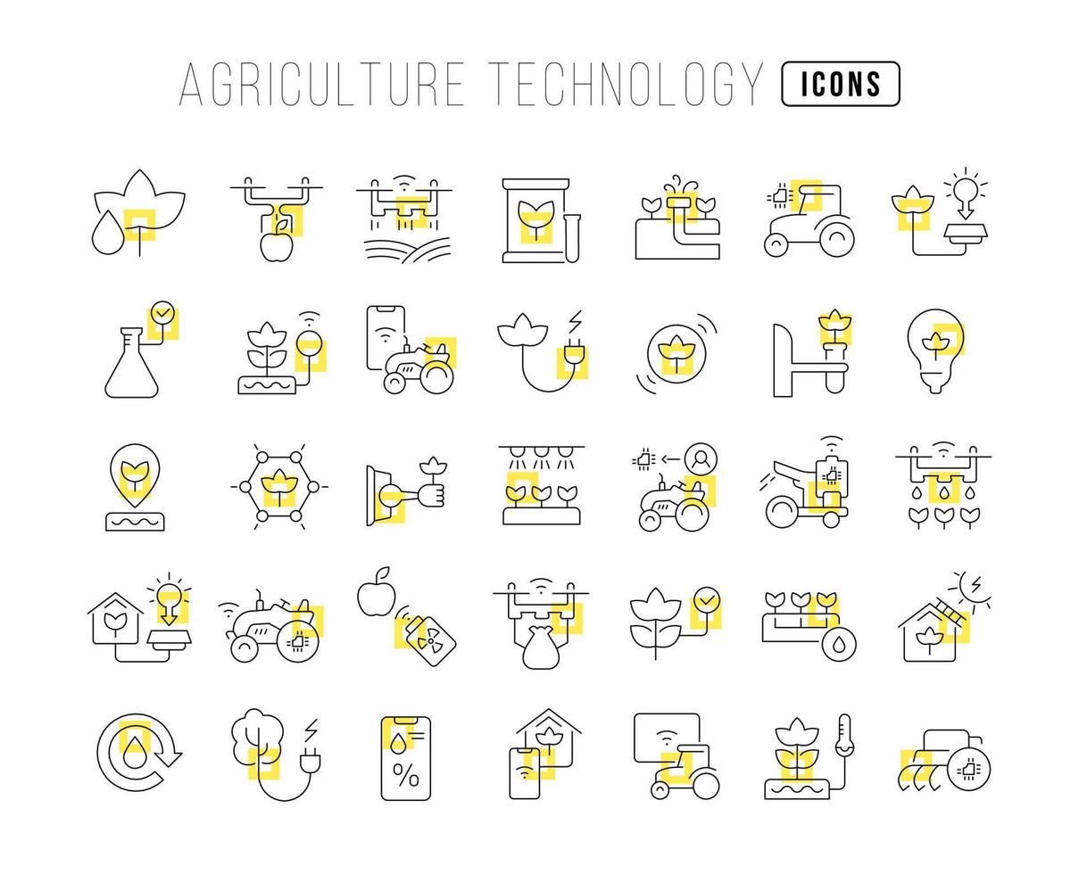 set di icone lineari della tecnologia agricola vettore