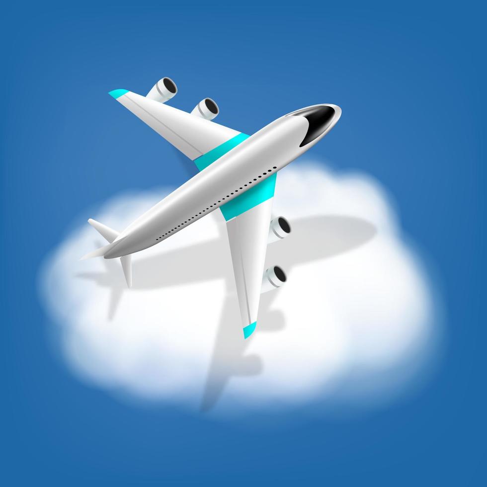 vettore 3d illustrazione di un aeroplano su una nuvola. il concetto di viaggio. segno di un servizio di prenotazione o di un'agenzia di viaggi. trasporto aereo. banner pubblicitario.