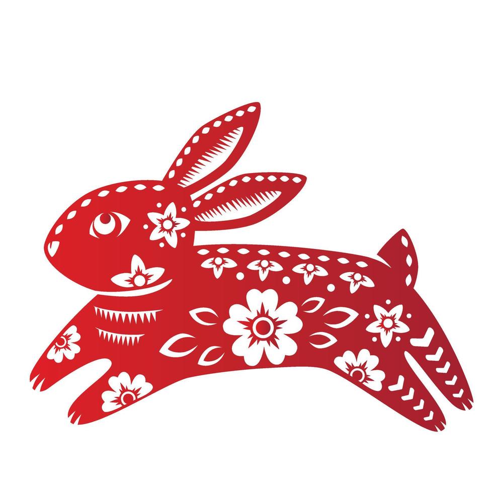 segno zodiacale, anno del coniglio, con arte tagliata su carta rossa su sfondo bianco vettore