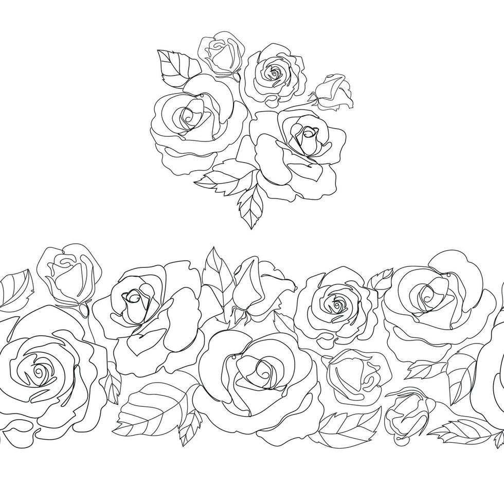 bordo floreale senza cuciture con rose per il design della decorazione, illustrazione vettoriale. rose fiori linea arte disegno in bianco e nero per matrimonio, stampa di moda, design tessile. sfondo botanico. vettore
