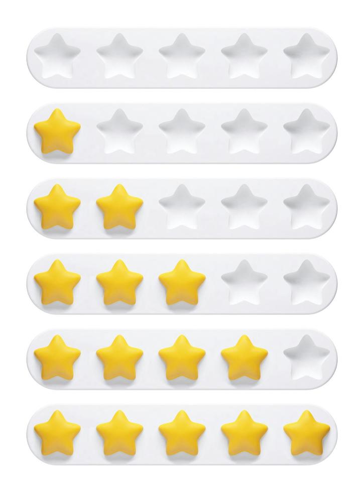 illustrazione vettoriale di un insieme di stelle di feedback 3d, valutazione di un prodotto o servizio.
