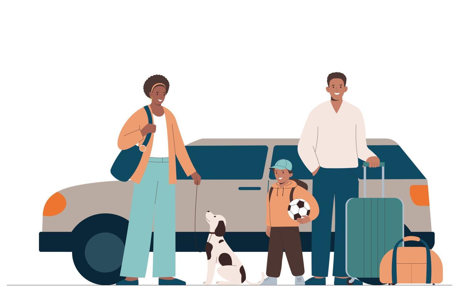 famiglia afroamericana con bagagli e cane vicino all'auto. giovane famiglia con bambino va in viaggio in auto. vettore