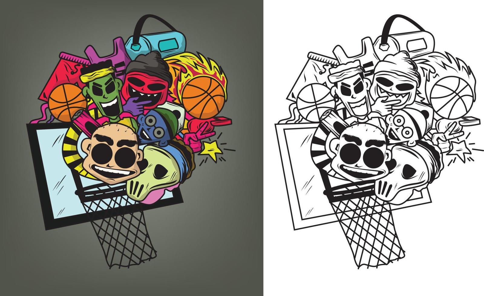 illustrazione vettoriale del tema della competizione di basket in stile doodle. giocatore mostro di basket in design a due colori, perfetto da stampare su t-shirt