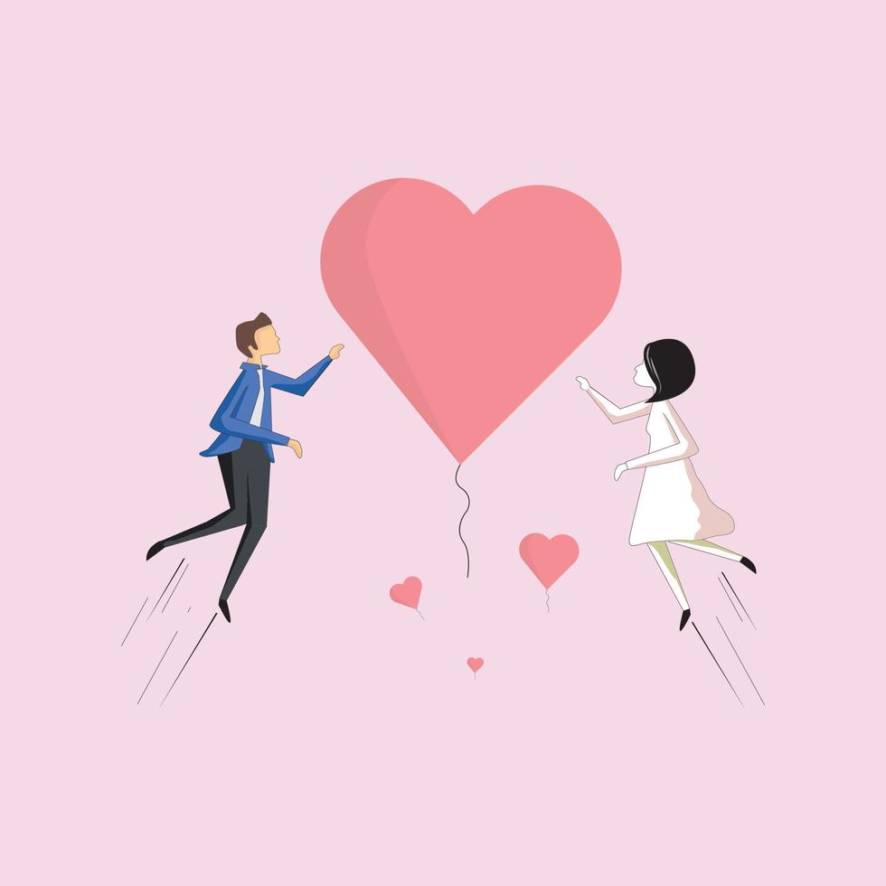 coppia innamorata. ragazza e uomini che volano con il palloncino del cuore. illustrazione romantica eps10. vettore