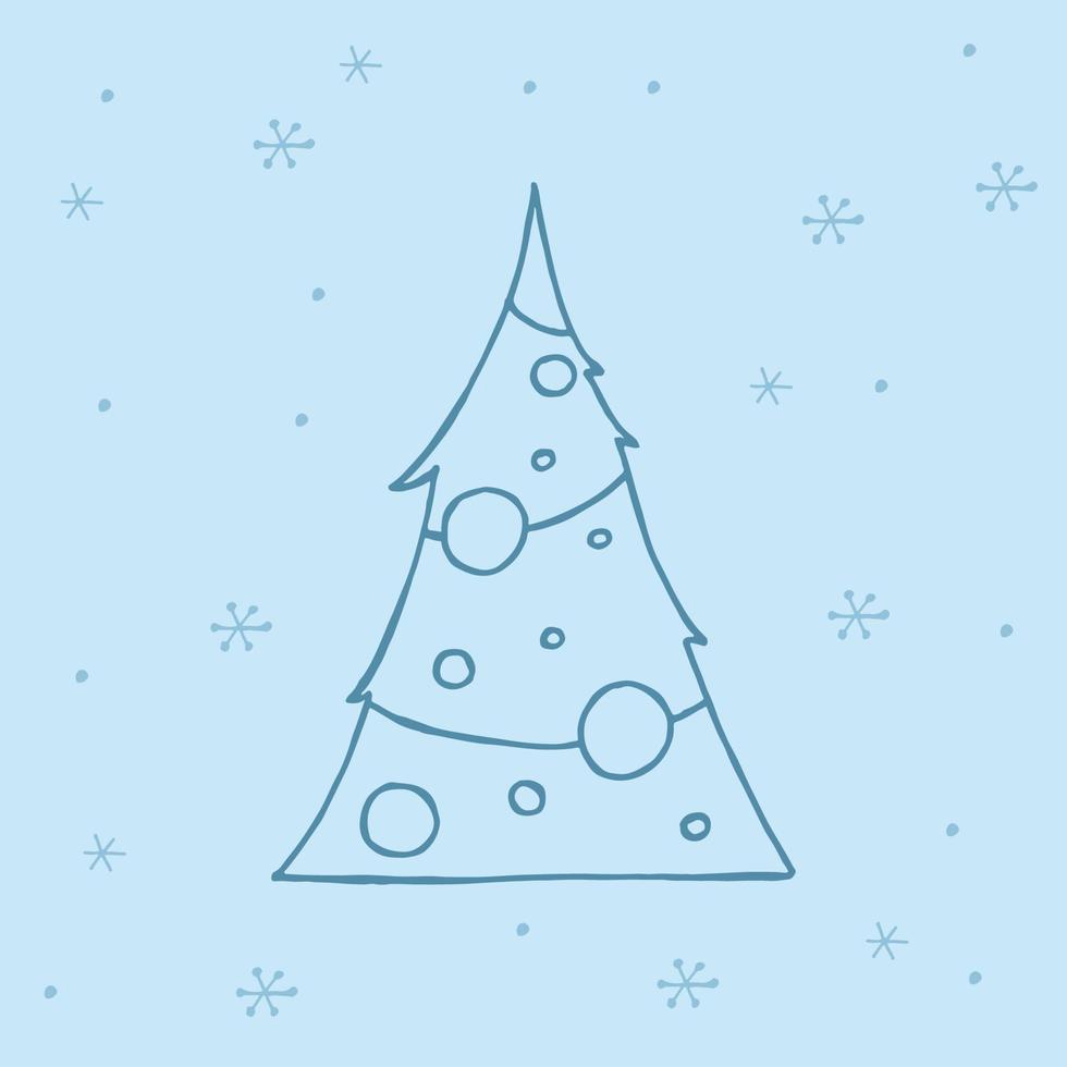 un albero di natale disegnato a mano. illustrazione vettoriale in stile doodle. umore invernale. ciao 2023. buon natale e felice anno nuovo. elemento blu scuro con fiocchi di neve su sfondo blu.