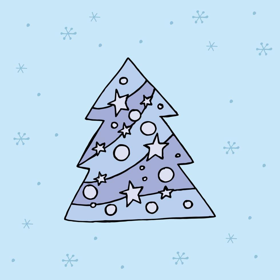 un albero di natale disegnato a mano. illustrazione vettoriale colorata in stile doodle. umore invernale. ciao 2023. buon natale e felice anno nuovo. albero blu con giocattoli su uno sfondo con fiocchi di neve.