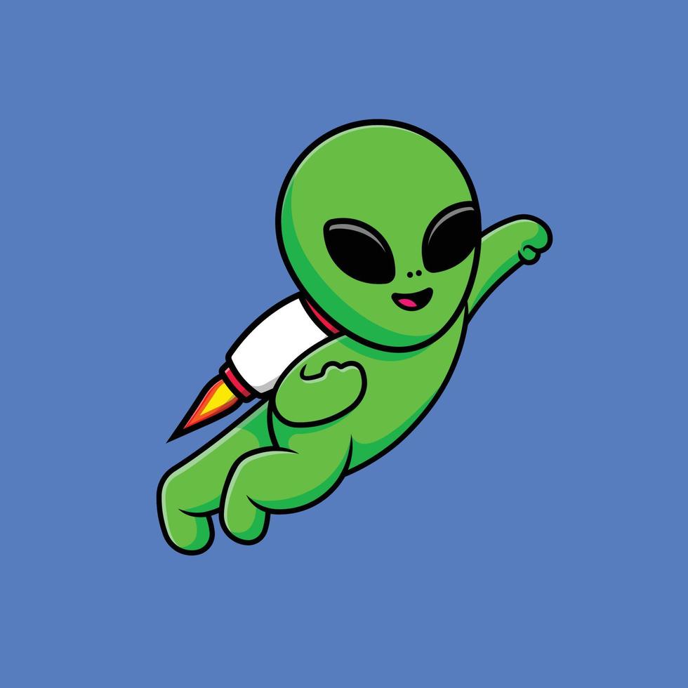 simpatico alieno che vola con l'illustrazione dell'icona del vettore del fumetto del razzo. concetto di cartone animato piatto di tecnologia scientifica