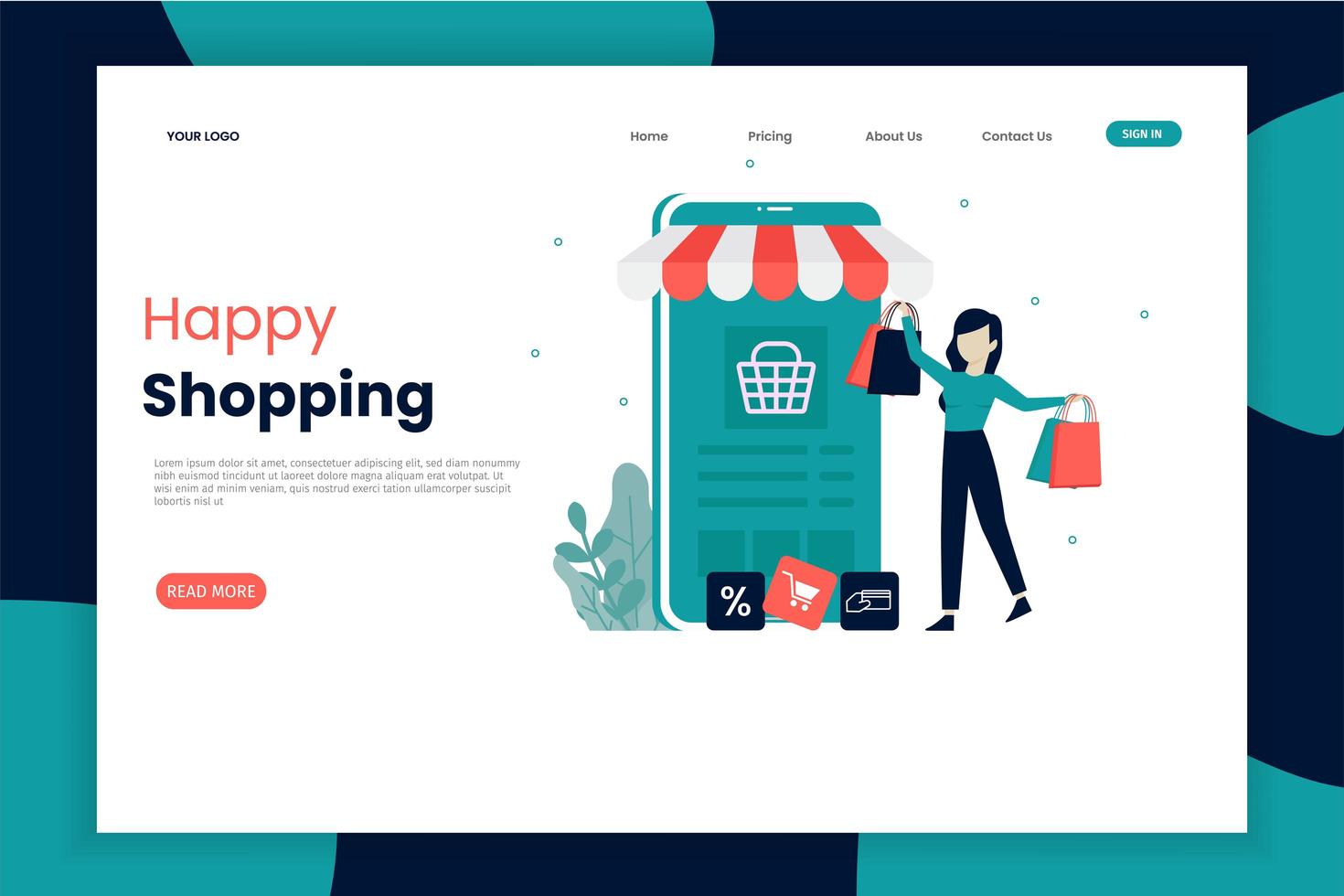 landing page dello shopping online mobile con donna felice vettore