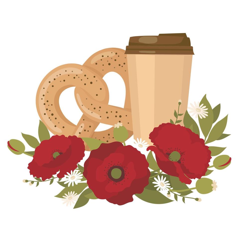 tazza da caffè con pretzel con semi di papavero e un bouquet di papaveri. vettore