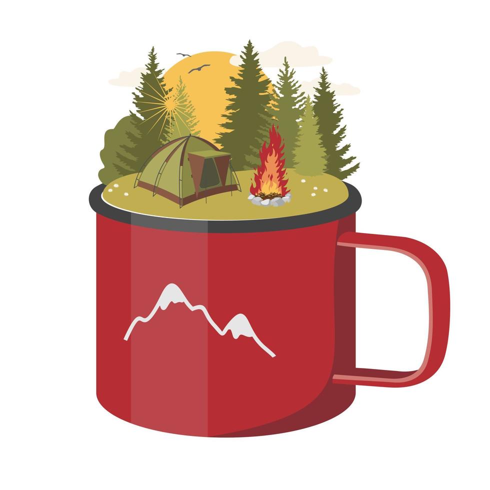 una tazza di metallo da trekking con un paesaggio forestale, una tenda e un falò. vettore