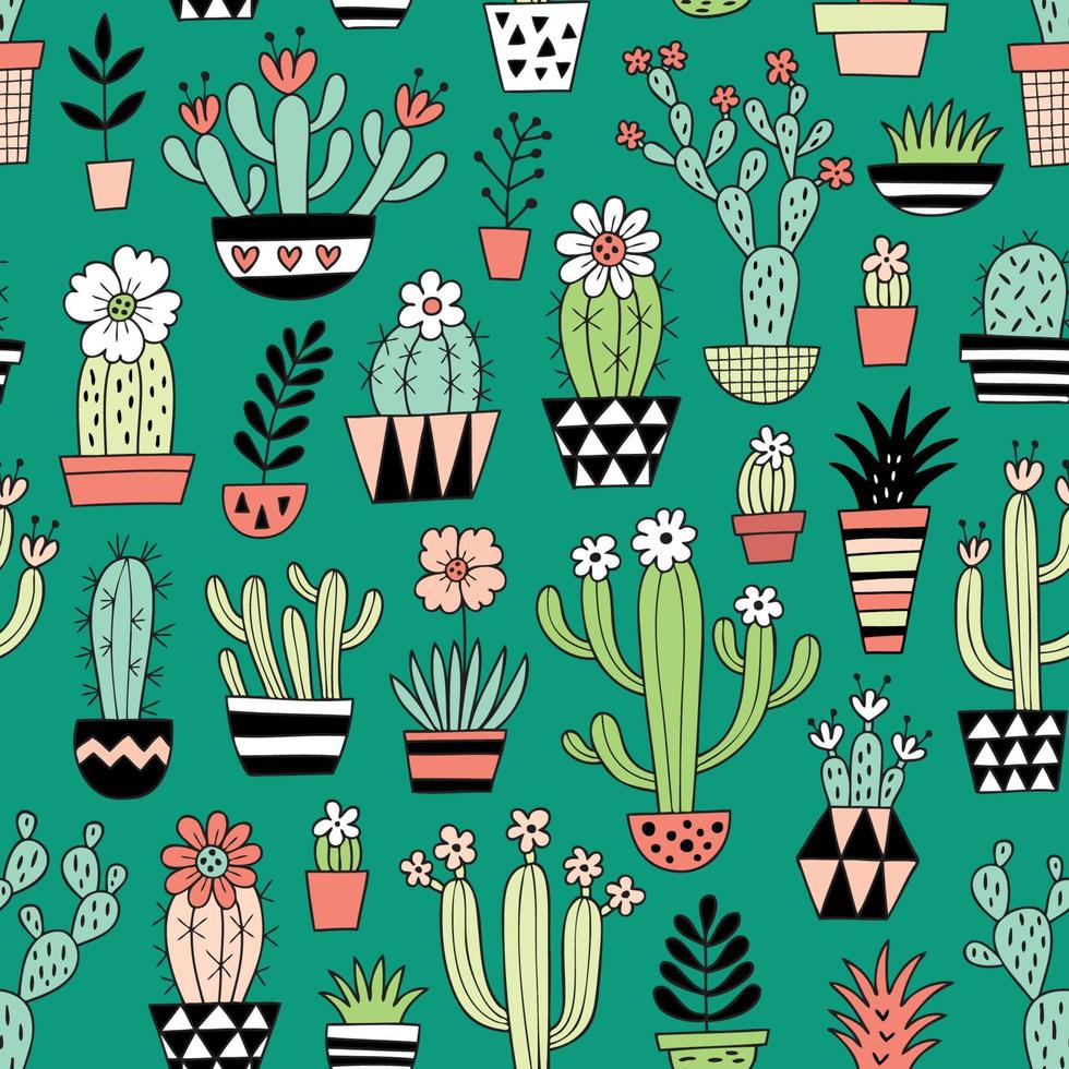 simpatici cactus vettoriali in fiore su sfondo verde. motivo senza cuciture disegnato a mano, perfetto per tessuto, carta da parati o carta da regalo.