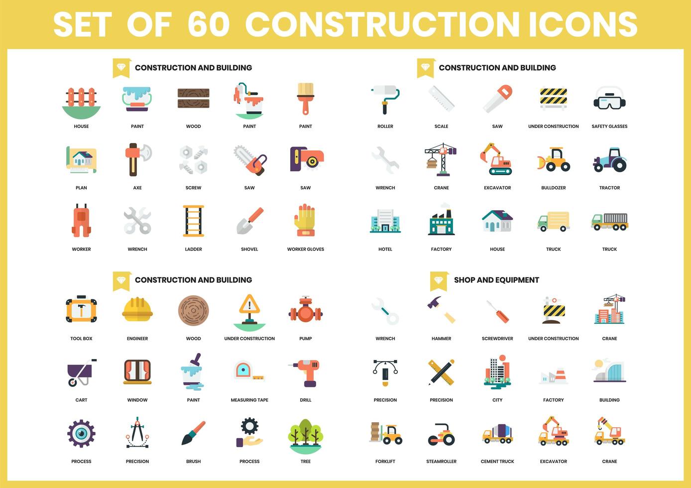 set di 60 icone di costruzione e attrezzature vettore