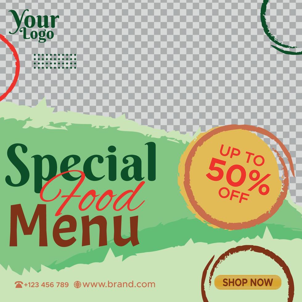 modelli di banner post social media menu cibo speciale. marketing digitale aziendale e promozione delle vendite alimentari. illustrazione del modello di cornice per foto vettoriali