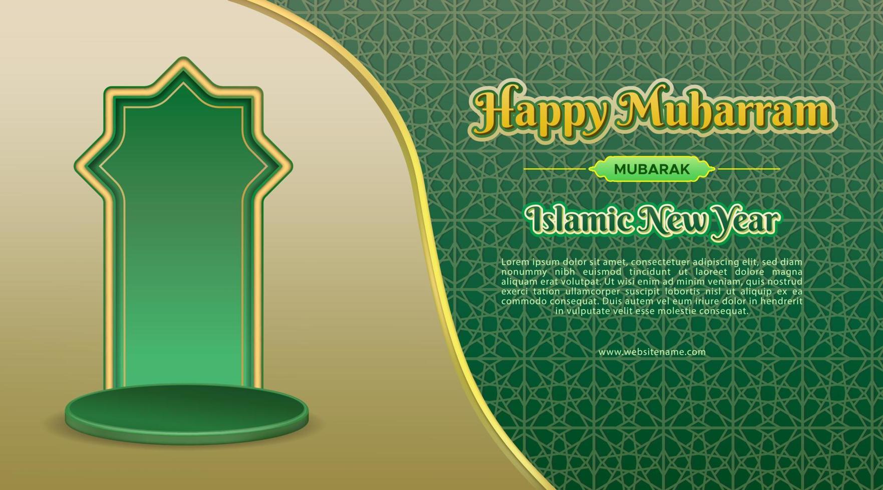 felice muharram islamico nuovo modello di banner con cancello della moschea e prodotto di visualizzazione podio 3d, isolato su sfondo modello islamico. vettore