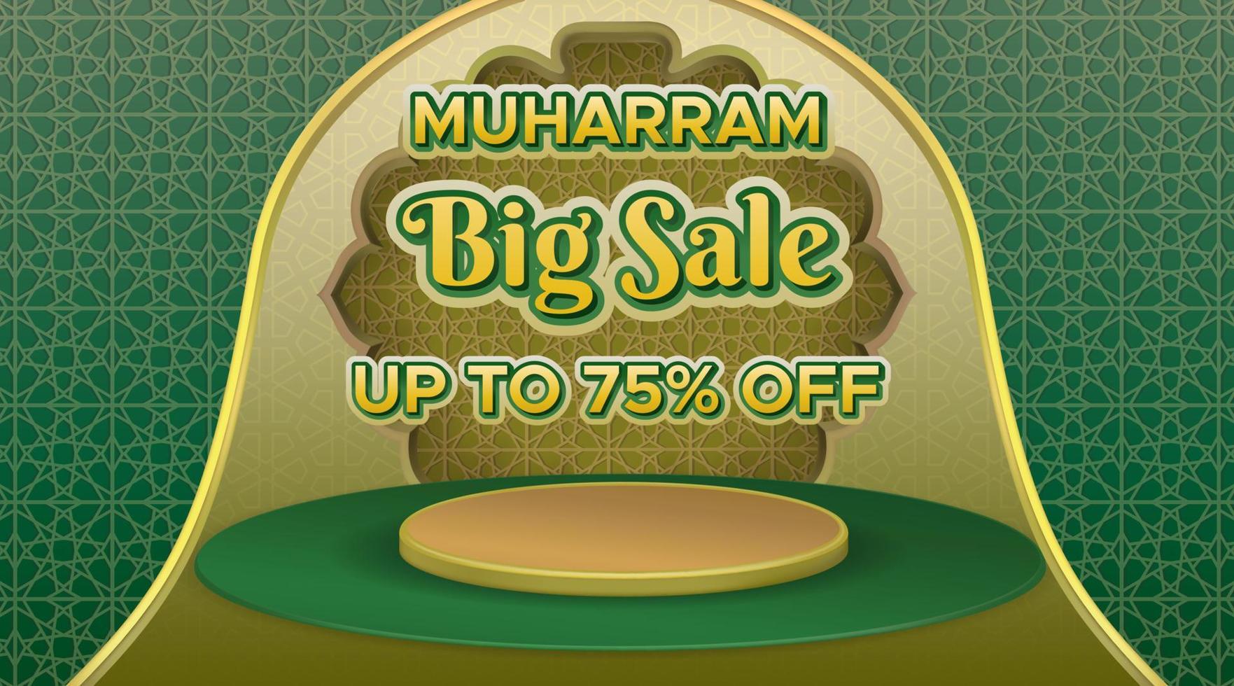 Prodotto di visualizzazione del podio 3d per la grande vendita di muharram in uno sfondo verde morbido con motivo arabo vettore
