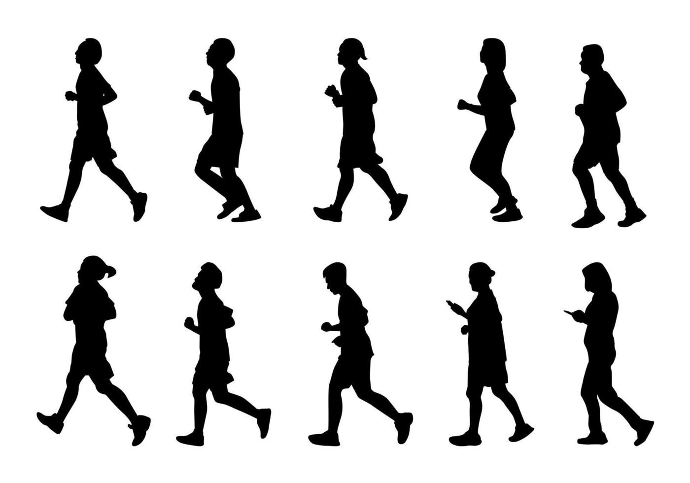silhouette uomo e donna che corrono, i neri corrono su sfondo bianco, isolano il vettore della maratona